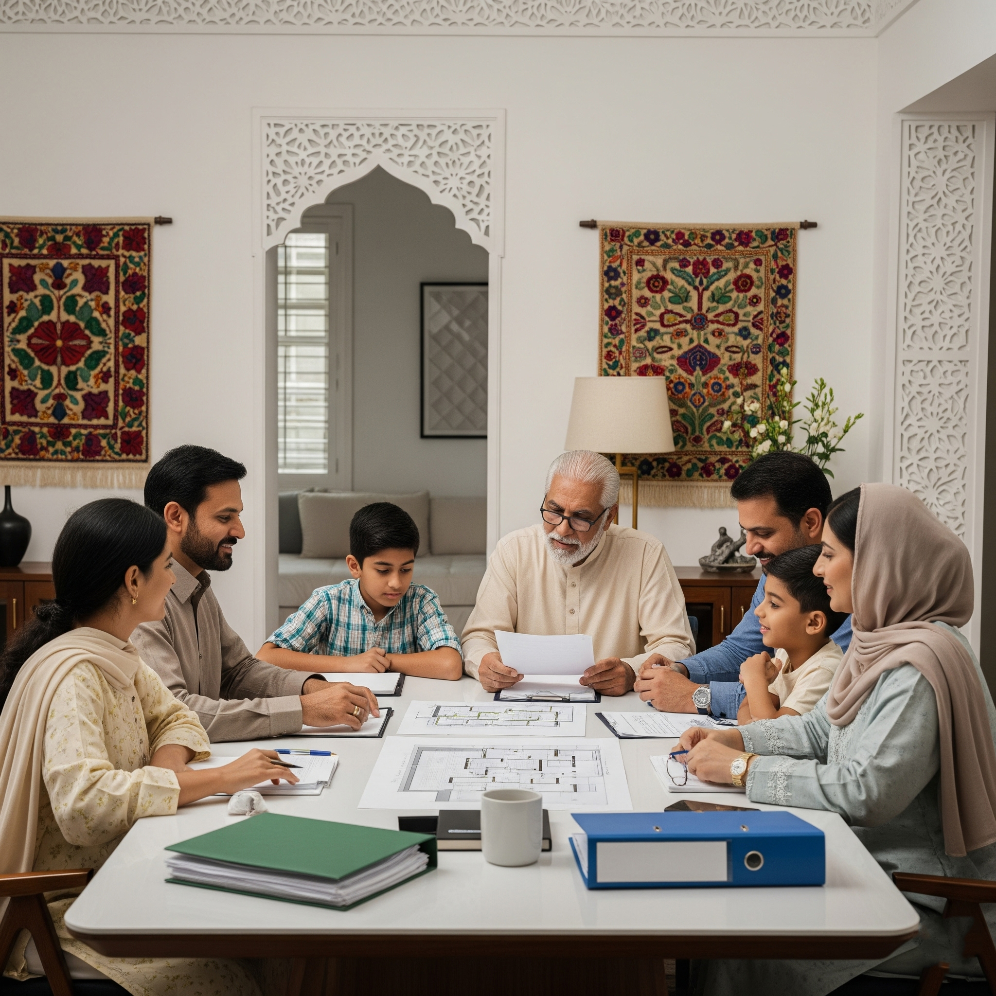 Three generations of a Muslim family discussing property inheritance under Islamic law, symbolizing transparency and unity.